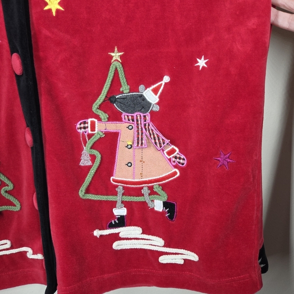 Vtg 90s Y2K Velour Christmas Cat Mouse Rat Ice Skating Button Up Cardigan Medium - Picture 3 of 9